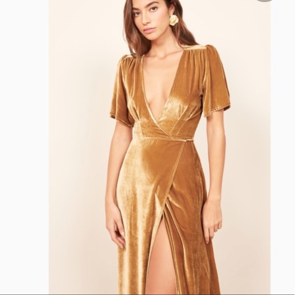 Gold reformation maxi wrap dress